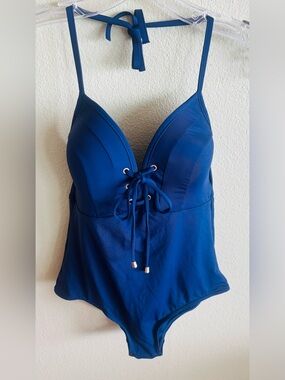 NWT Nip Tuck Swimwear One Piece Lace Up Navy Blue Swimsuit Size: 4